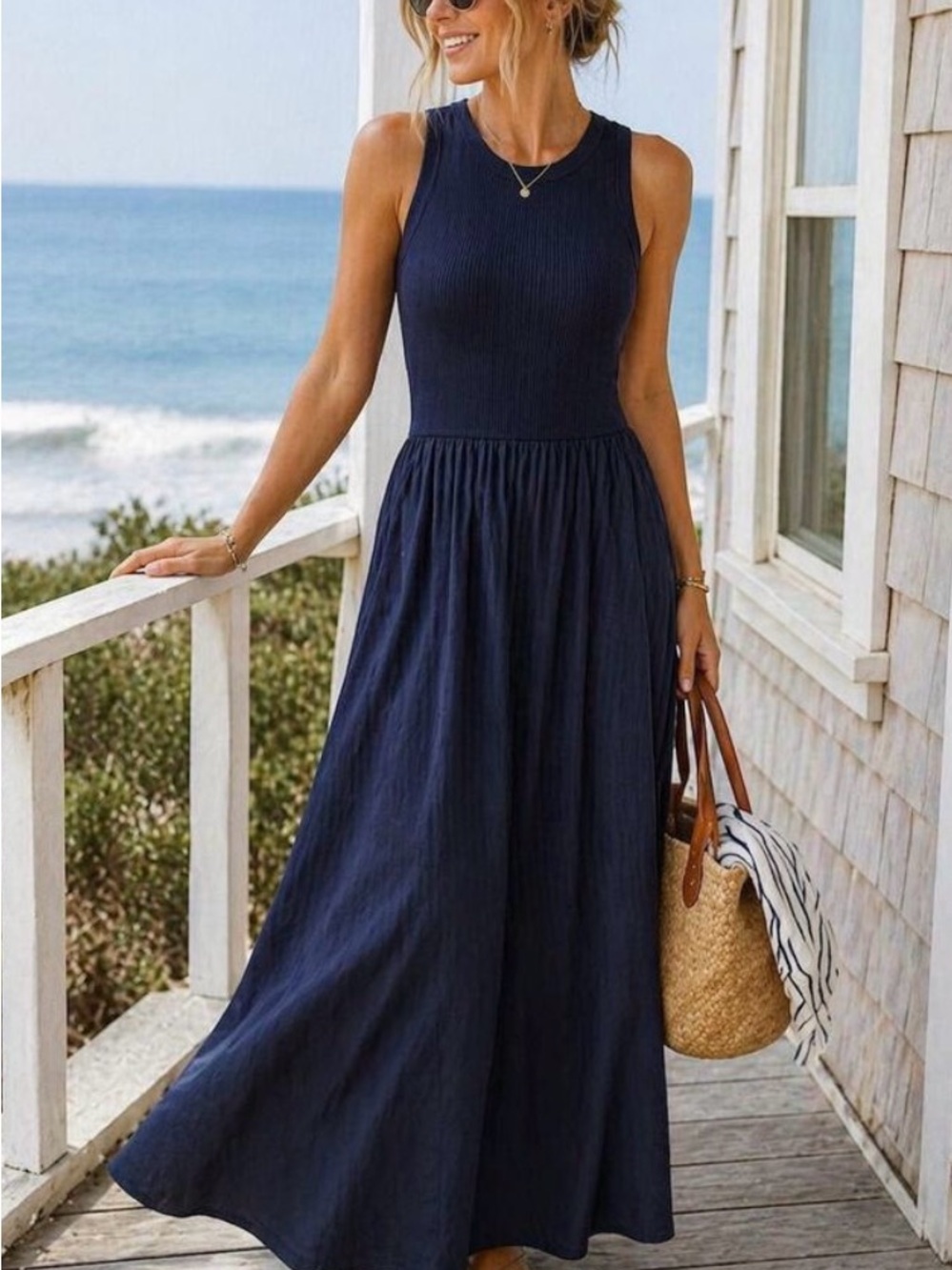 Anthropologie Moon River Navy Sleeveless Mixed Media Knit Tank Maxi Dress | XS